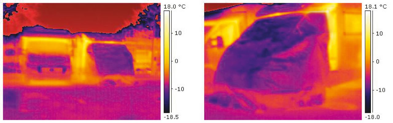 Im Vergleich: links ein Fahrzeug ohne Isolierung, rechts ein Fahrzeug mit LUX-DUO. Die Wärmedämmung im Bereich der Scheiben und Türen ist deutlich erkennbar. Je heller die Fläche, umso größer ist der Wärmeverlust.